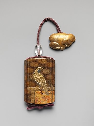 Case (Inrō) with Design of Two Hawks on Tasseled Perches