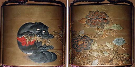 Case (Inrō) with Design of Flowering Peonies (obverse) Cat Biting into Peony Stem (reverse)