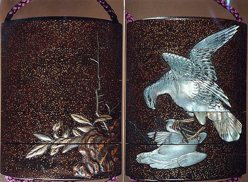 Case (Inrō) with Design of Hawk Attacking Crane beside  Rocks and Plants