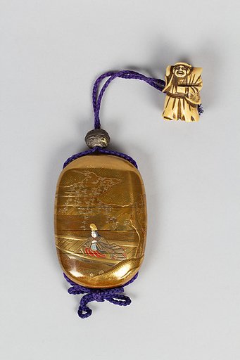 Case (Inrō) with Design of Court Lady in Boat with Drum (obverse);  Geese Taking Flight (reverse)