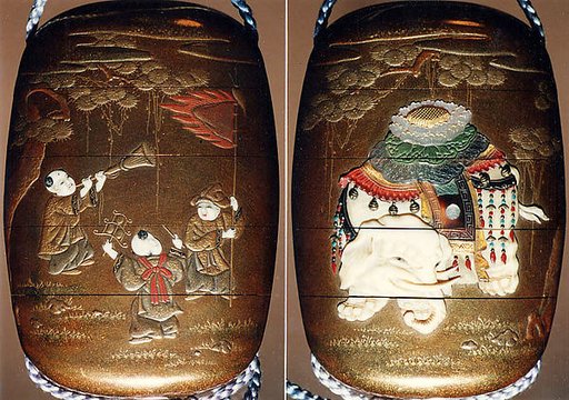 Case (Inrō) with Design of Caparisoned Elephant Standing beneath Pine Tree (obverse); Three Children with Trumpet, Cymbals and Banner (reverse)