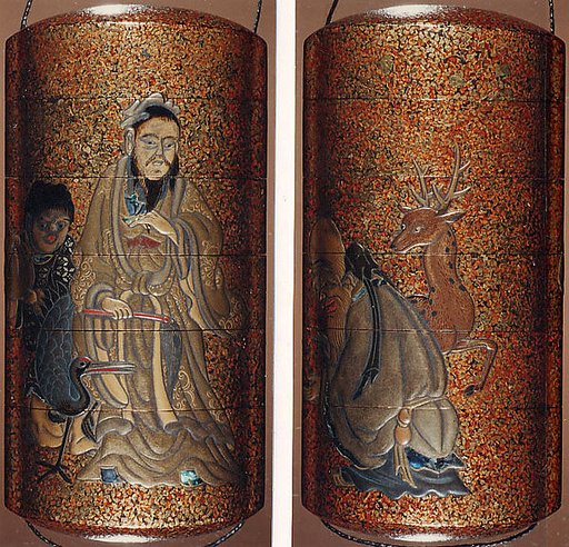 Case (Inrō) with Design of Jurōjin (God of Longevity) Seated beside Stag (obverse); Sage with Crane and Fly Whisk (reverse)