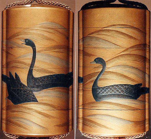 Case (Inrō) with Design of Three Geese Swimming and Diving on Waves