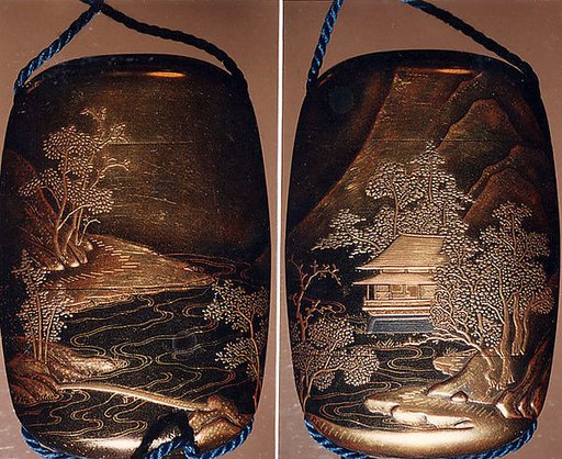 Case (Inrō) with Design of Building beside Winding River in Mountain Landscape and Full Moon