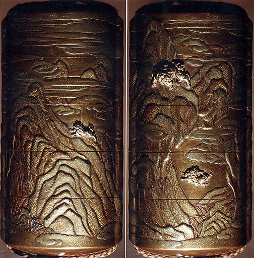 Case (Inrō) with Design of Shishi Dog Throwing its Young from Rocks (obverse); Shishi Dog Climbing up a Cliff (reverse)