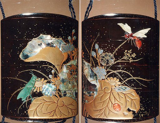 Case (Inrō) with Design of Flowering Plants with Dragonfly and Insects