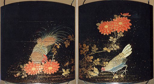 Case (Inrō) with Design of Rooster, Hen and Chicks beside Flowering Chrysanthemums
