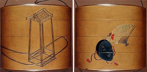 Case (Inrō) with Design of Noh Mask with Red Sun above Pine Trees (obverse); Props for a Noh Play (reverse)