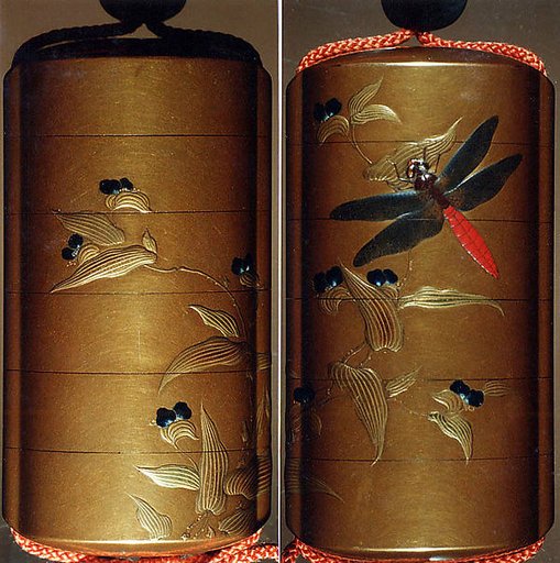 Case (Inrō) with Design of Dragonfly Seated on Leaf of Flowering Plant