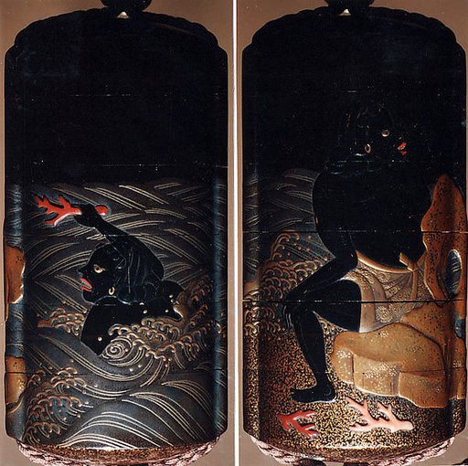 Case (Inrō) with Design of South Sea Islander Diving for Coral (obverse); South Sea Islander Seated on Rock beside Water (reverse)