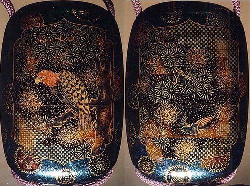 Case (Inrō) with Design of Perched Hawk in Pine Tree (obverse); Small Bird in Flight (reverse)