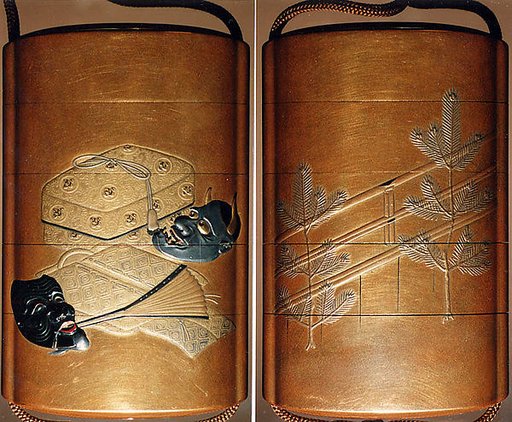 Case (Inrō) with Design of Actor's Masks, Robe and Fan beside Tasseled Box (obverse); Young Pine Trees beside Stage (reverse)