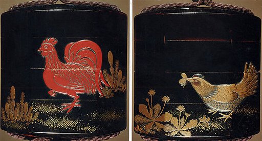 Case (Inrō) with Design of Chickens beside Spring Plants