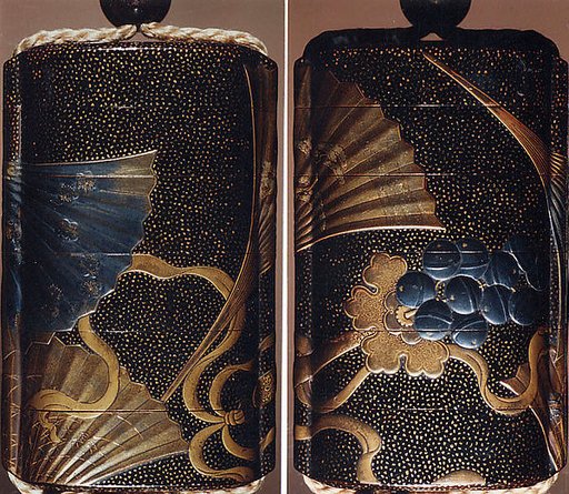 Case (Inrō) with Design of Dancer's Bells and Fans with Plum Blossoms, Pines and Grass