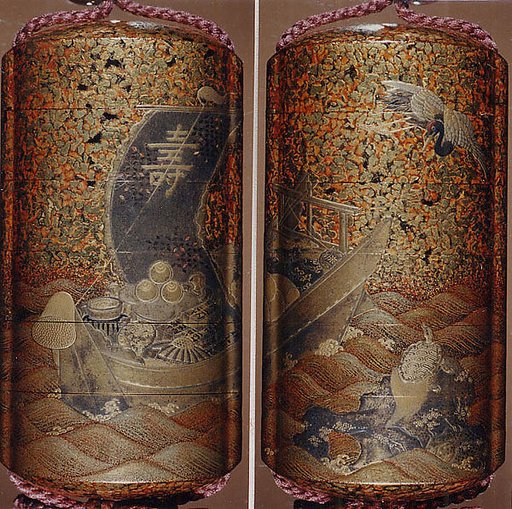 Case (Inrō) with Design of Treasure Boat on Waves (obverse); Crane in Flight and Tortoise on Rocks (reverse)