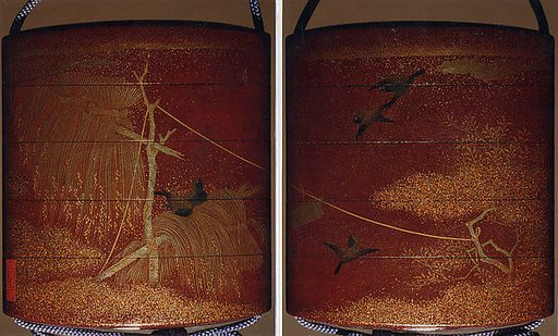 Case (Inrō) with Design of Birds in Flight and Seated beside Rice Sheaves