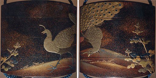 Case (Inrō) with Design of Peacock and Pea Hen beside Flowering Malvern Plants
