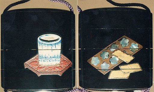 Case (Inrō) with Design of Brushpot on Carved Tsuishu Tray (obverse); Gameboard and Markers (reverse)