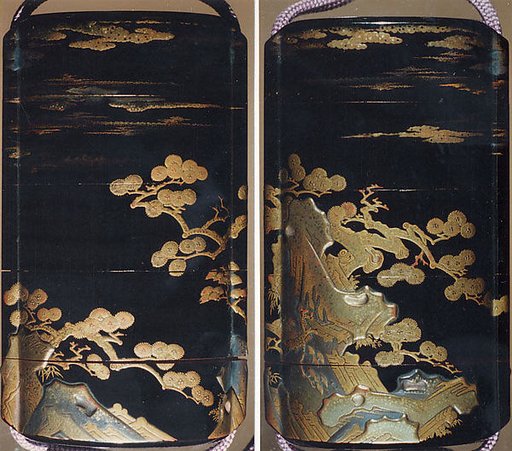 Case (Inrō) with Design of Pine Trees Growing from Rocks beneath Clouds