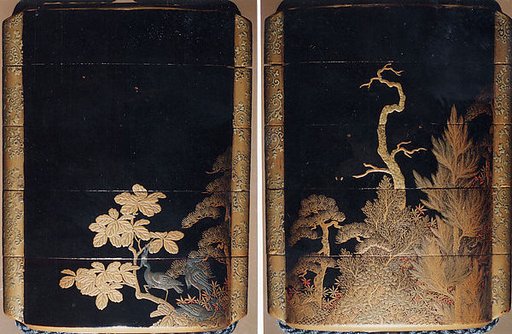 Case (Inrō) with Design of Three Herons Seated in Maple Tree (obverse); Three Crows in Autumn Forest (reverse)