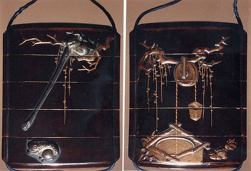 Case (Inrō) with Design of Gibbon Reaching for Frog (Symbol of Moon) (obverse); Well with Bucket (reverse)