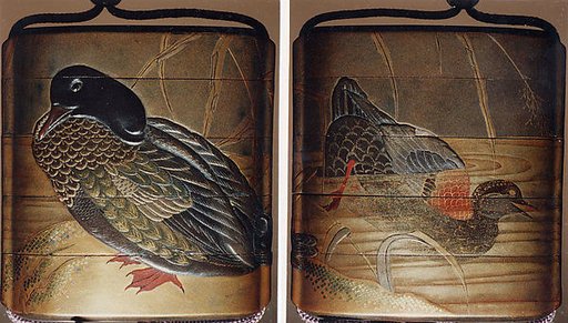 Case (Inrō) with Design of Duck Standing on Shore beside Reeds (obverse); Duck Diving into Water (reverse)