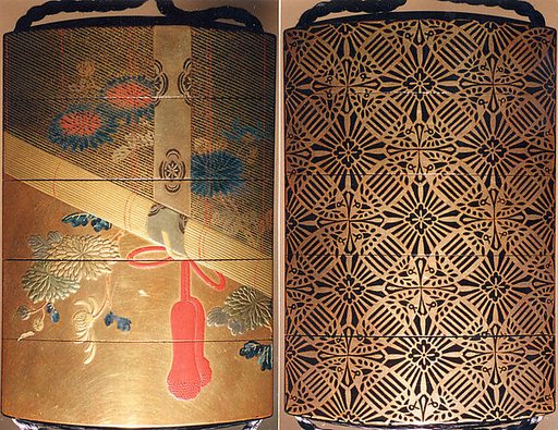Case (Inrō) with Design of Chrysanthemums behind Bamboo Blind (Sudare) (obverse); Brocade Pattern (reverse)