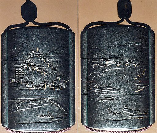 Case (Inrō) with Design of Mountain Landscape and Geese Flying