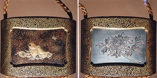 Case (Inrō) with Design of Chinese Child (obverse); Silver Pill Box with Peony (reverse)
