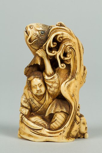 Netsuke of Group of men in the Water holding a Large Carp