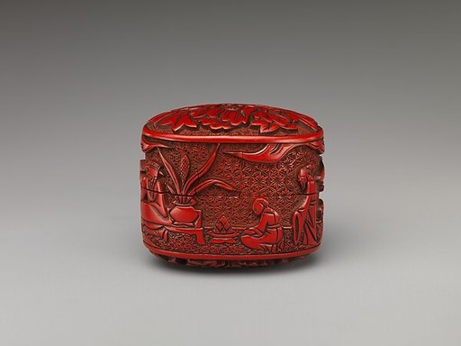 Box with figures in a landscape and peony