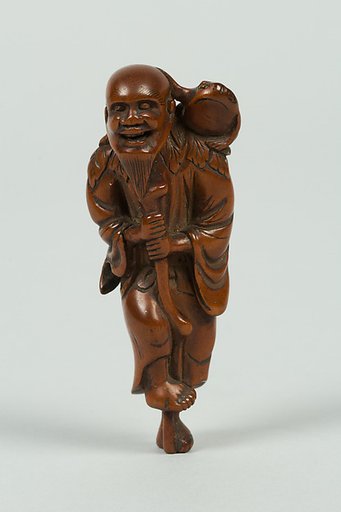 Netsuke of Old Man Leaning on a Stick; Frog on His Shoulder