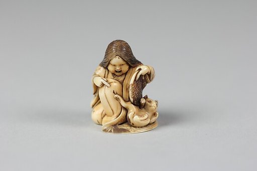Netsuke of Girl Playing with a Cat