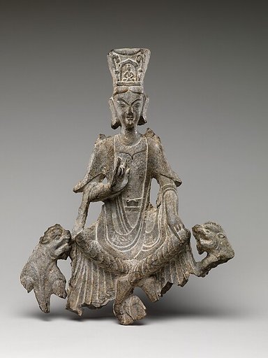 Seated bodhisattva (Maitreya) with two lions