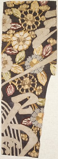 Piece from a Summer Kosode (Katabira) with Kerria Roses (Yamabuki), Flowing Water, and Partial Characters