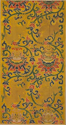 Textile panel with phoenixes and lotuses holding the Eight Buddhist Treasures