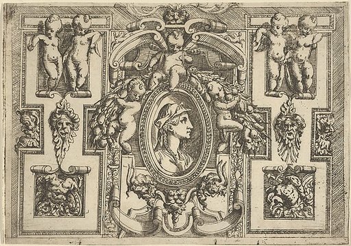 Bust of a woman in profile facing right, set within an elaborate frame with putti