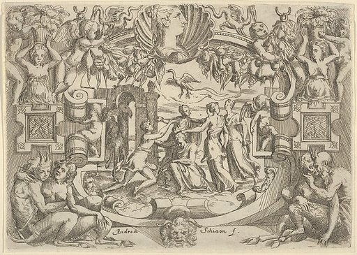 Four women surrounding a seated figure, a bird above them, set within an elaborate frame