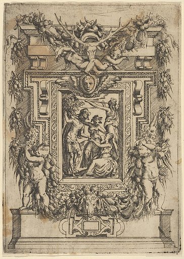 A young man offers his hand to a seated woman, another woman stands between them and a third blows a trumpet behind them, set within an elaborate frame