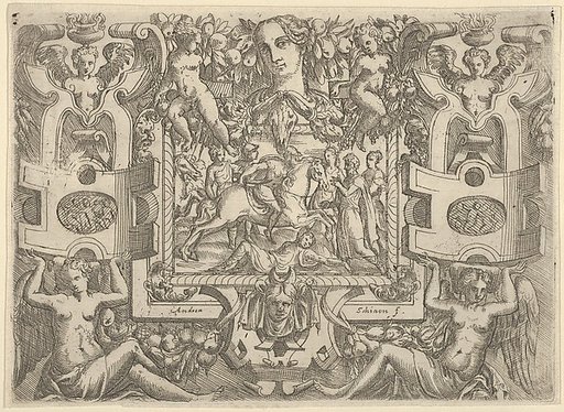 Figure on horseback holding a sword and riding over a figure lying on the ground, set within an elaborate frame