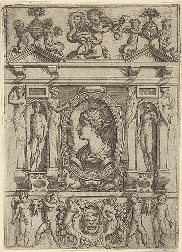 Bust of a woman in profile facing left, set in an elaborate frame with figures in niches