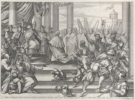 Pope Alexander III presents Doge Ziani with standards and bugles after his defeat of Holy Roman Emperor Frederick I Barbarossa, from "Il gran Teatro di Venezia" (The great theater of Venice)