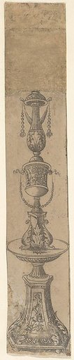 Decorative border panel with a candelabra ornamented with foliate designs, from Life of the Virgin and Christ
