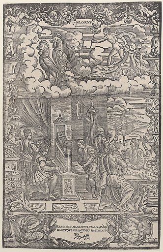 In upper section Mercury in a chariot drawn by two cocks, below musicians and astronomers, from 'The Seven Planets'