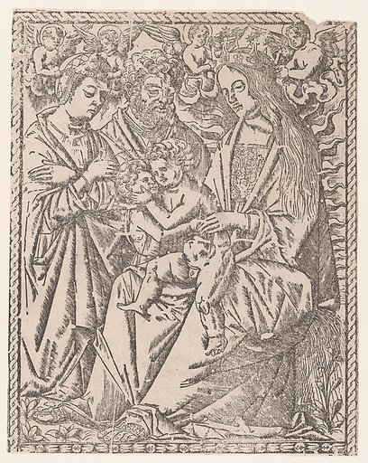 Saint John the Baptist embracing the Christ Child who sits on the Virgin's knee, she is being crowned by angels, other saints at left