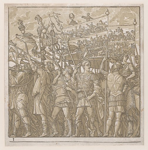 Sheet 1: Soldiers carrying banners depicting Julius Caesar's triumphant military exploits, from "The Triumph of Julius Caesar"