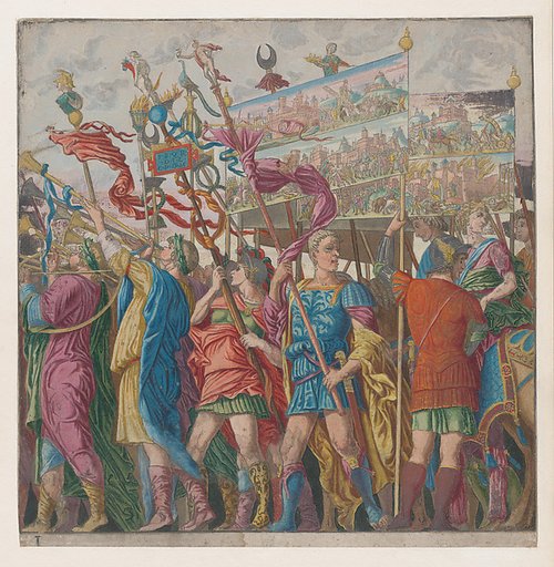 Sheet 1: Soldiers carrying banners depicting Julius Caesar's triumphant military exploits, from "The Triumph of Julius Caesar"