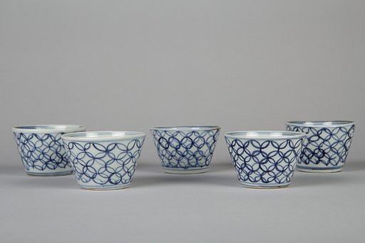 Set of Five Soba Cups (Soba choko) with Interlinked Circles (Shippō)