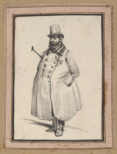 Man wearing a coat and a hat with a cane under his arm