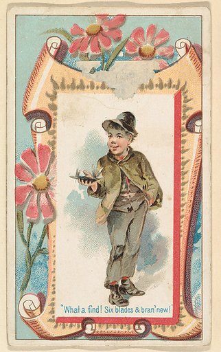 "What a find! Six blades & bran' new!," from the Terrors of America set (N136) issued by Duke Sons & Co. to promote Honest Long Cut Tobacco